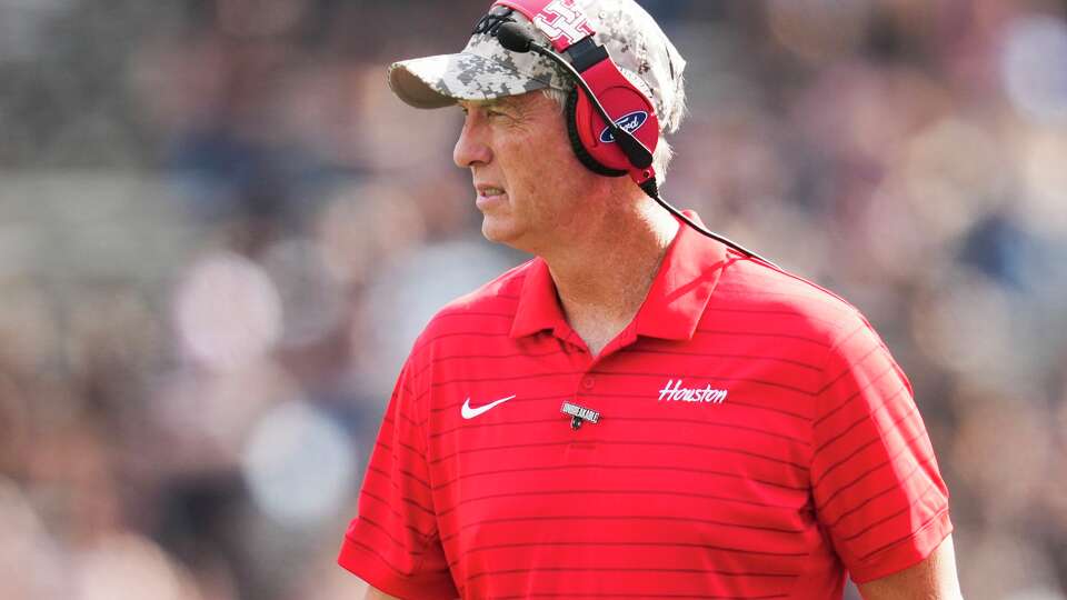 Houston head coach Willie Fritz is seen during the first half of a NCAA college football game at TDECU Stadium in Houston, Saturday, Nov. 1, 2025.
