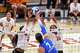 Texas Longhorns outside hitter Torrey Stafford (4) and middle blocker Nya Bunton (55) block a spike during the match against Kentucky at Gregory Gym on Sunday, Nov. 2, 2025 in Austin.