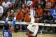 Texas Longhorns outside hitter Torrey Stafford (4) spikes the ball during the match against Kentucky at Gregory Gym on Sunday, Nov. 2, 2025 in Austin.