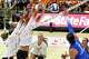 Texas Longhorns setter Ella Swindle (1) and middle blocker Ayden Ames (5) jump to block a spike by Kentucky outside hitter Eva Hudson (7) during the match at Gregory Gym on Sunday, Nov. 2, 2025 in Austin.