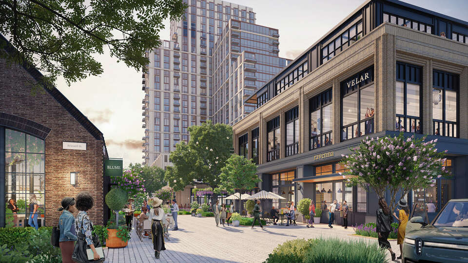A rendering of the 'retail village' planned in the RO, Transwestern's new 17-acre mixed-use project rising on a former Exxon site along Buffalo Speedway in Houston. The Clayton, a future 28-story apartment tower, is shown in the background.
