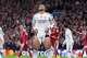 Real Madrid's Kylian Mbappe reacts during the Champions League soccer match between Liverpool and Real Madrid in Liverpool, England, Tuesday, Nov. 4, 2025. (Peter Byrne/PA via AP)