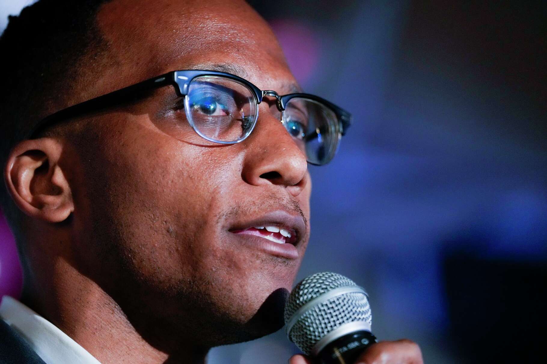 Harris County Attorney Christian Menefee, a candidate for the open seat in the 18th Congressional District in the U.S. House of Representatives, speaks to his supporters during an election night watch party in Houston, Tuesday, Nov. 4, 2025.