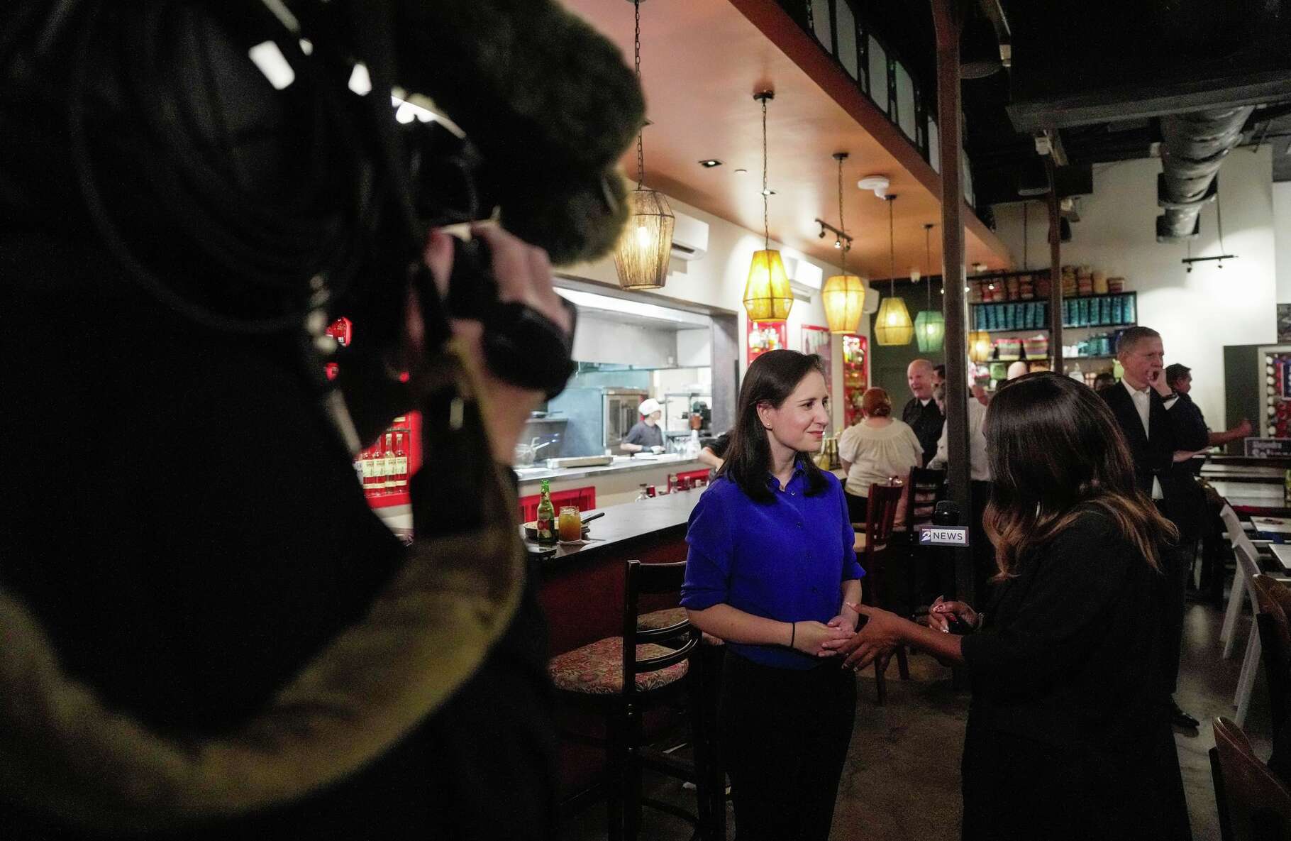 Houston City Council At-Large Position 4 candidate, Alejandra Salinas, speaks to press during her watch party on election night in Houston, Tuesday, Nov. 4, 2025.