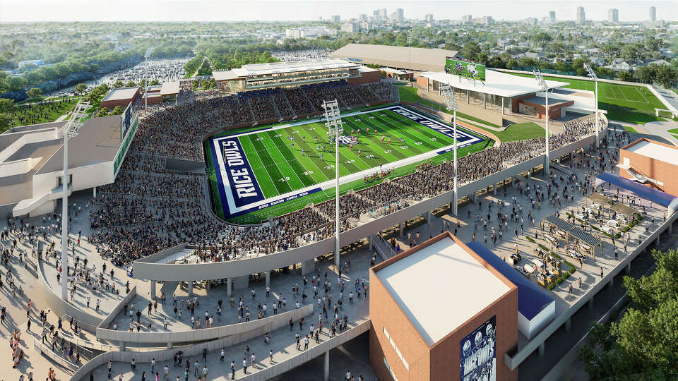 Renderings show an aerial view of a renovated Rice Stadium, facing west toward Rice Village.