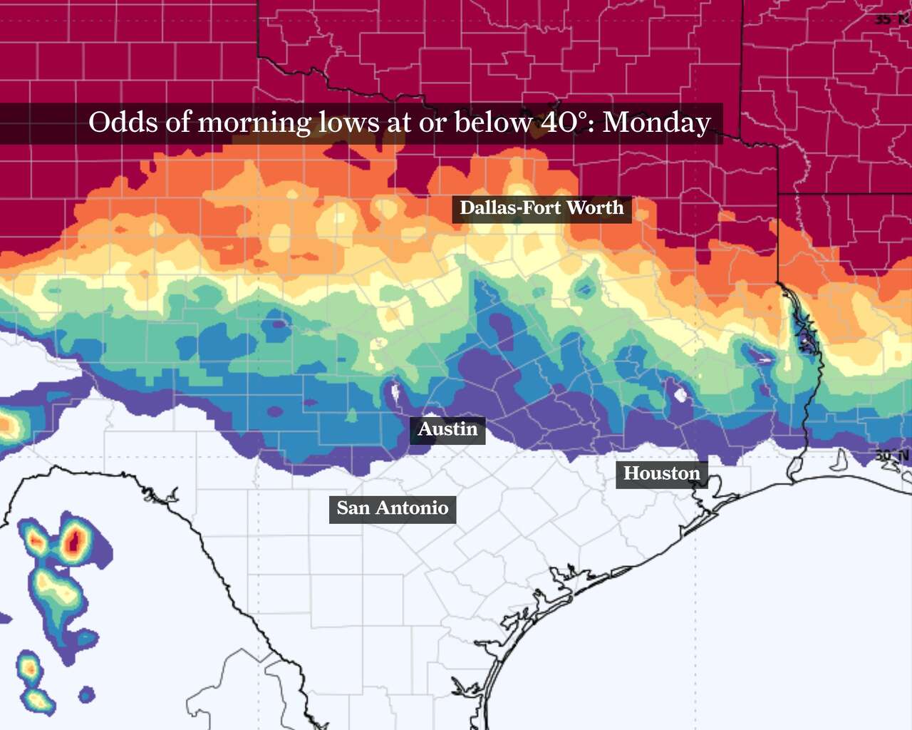 Shown are the odds of morning temperatures Monday dropping to 40 degrees or less. A 10% to 20% chance of morning lows of 40 degrees are found as far south as Interstate 10, with higher odds found towards the Red River Valley.