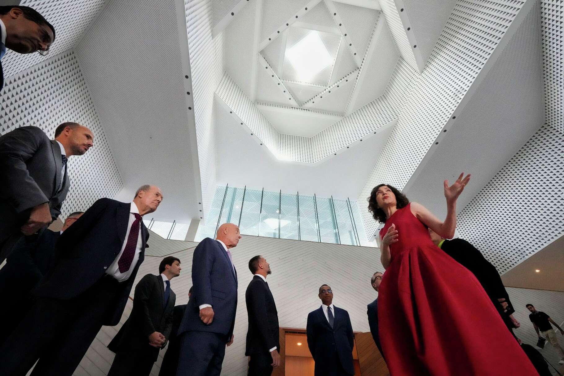Architect Farshid Moussavi, right, gives a tour to Mayor John Whitmire and His Highness Prince Rahim Aga Khan V during the dedication ceremony for Ismaili Center, Houston, the first in the U.S. and the seventh worldwide, in Houston, Thursday, Nov. 6, 2025. The dedication ceremony comes nearly two decades after Houston was selected as the home of the nation's first Ismaili civic and cultural complex.