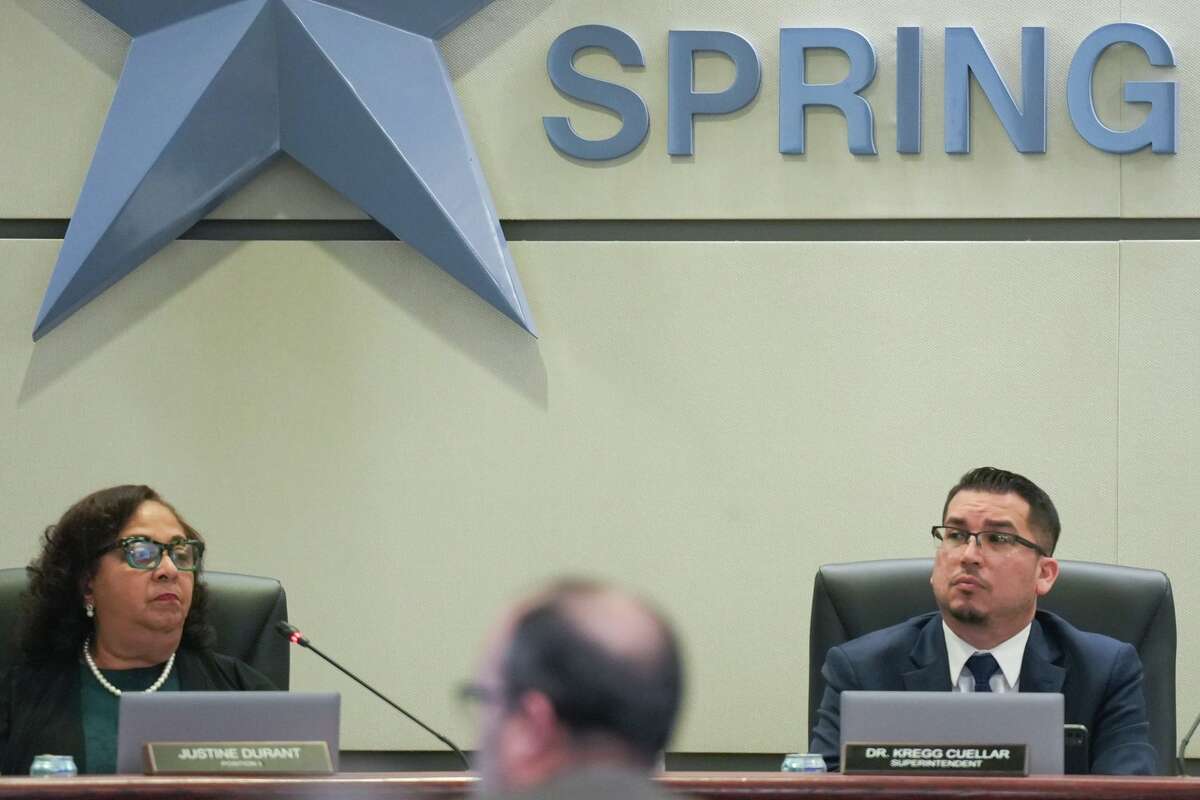 Spring ISD Board of Trustee president Justine Durant, left, and Superintendent Kregg Cuellar during a special session to discuss the future of the school district in Houston on Thursday, Nov. 6, 2025.