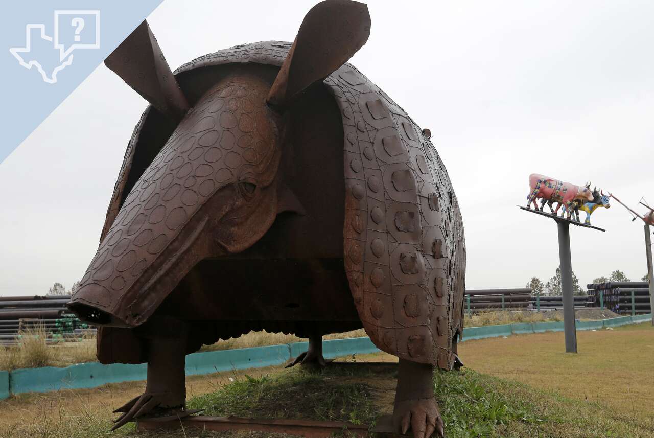 Metal sculptures are shown along 288 near Reed Rd. on the property of Texas Pipe and Supply, 2330 Holmes Road, Tuesday, Dec. 26, 2017, in Houston.
