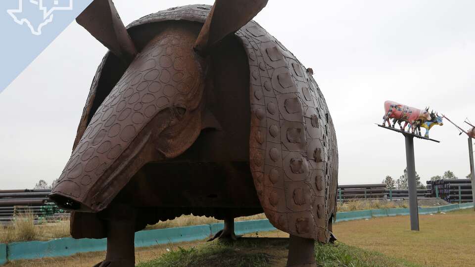 Metal sculptures are shown along 288 near Reed Rd. on the property of Texas Pipe and Supply, 2330 Holmes Road, Tuesday, Dec. 26, 2017, in Houston.