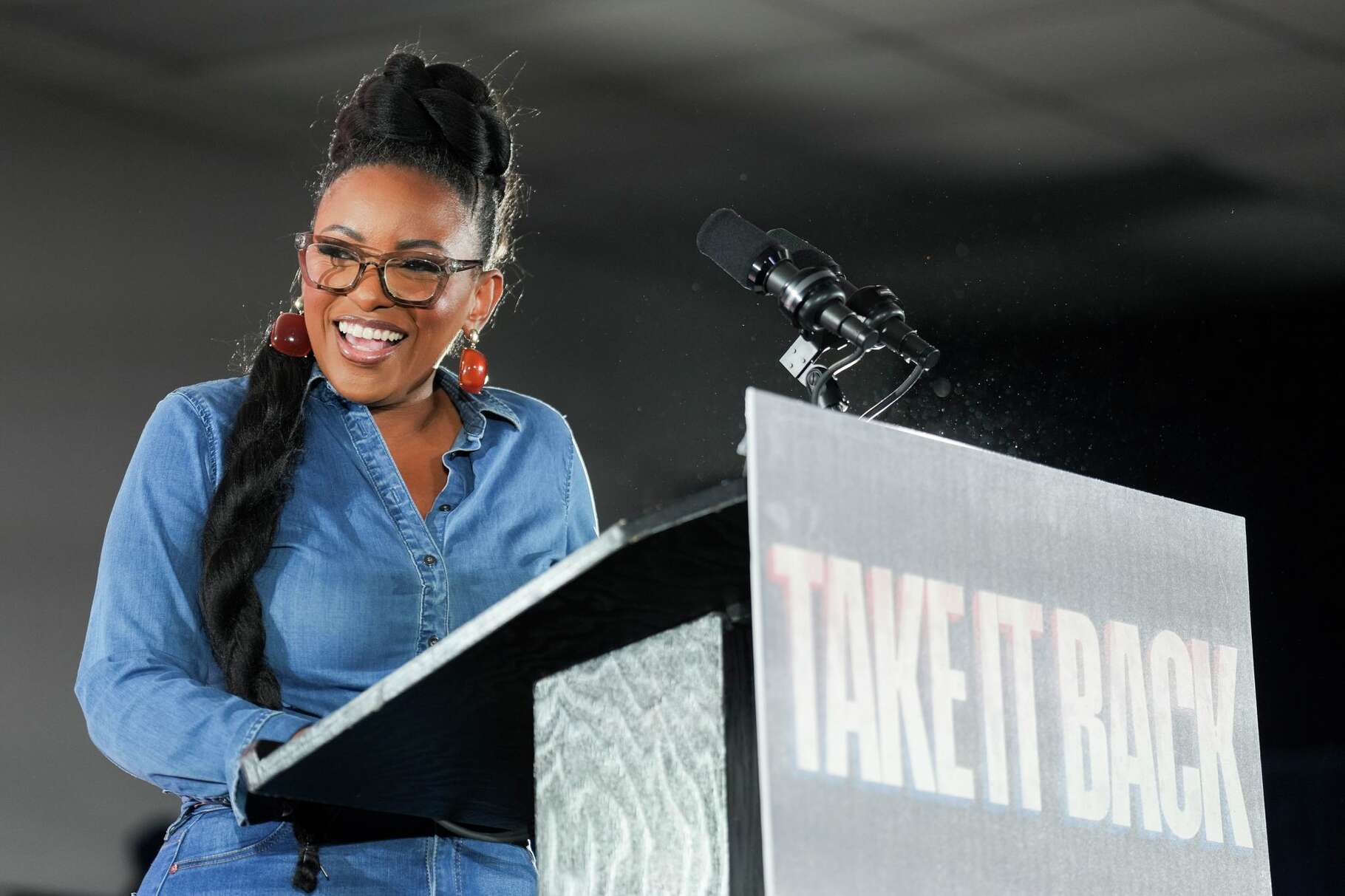 Texas Congresswoman Jasmine Crockett speaks during a rally featuring California Governor Gavin Newsomm in Houston, Saturday, Nov. 8, 2025. Newsom touted the passing of Proposition 50, which allows California to redraw all of its congressional districts in response to Gov. Greg Abbott's plans to redistrict Texas for President Donald Trump.