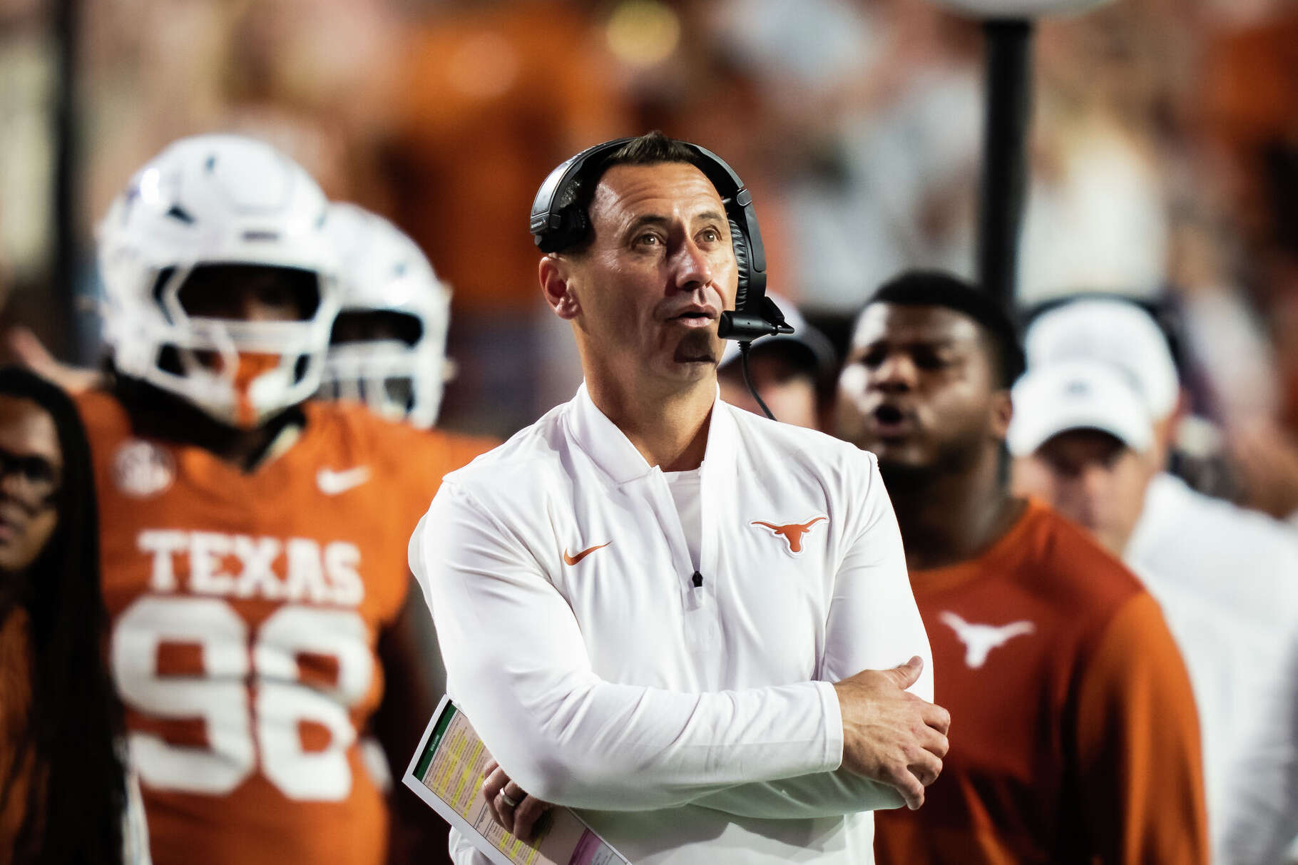 Texas Longhorns head coach Steve Sarkisian looks at the scoreboard in the fourth quarter of the Longhorns' game against the Arkansas Razorbacks at Darrell K Royal Texas Memorial Stadium in Austin, Nov. 22, 2025.