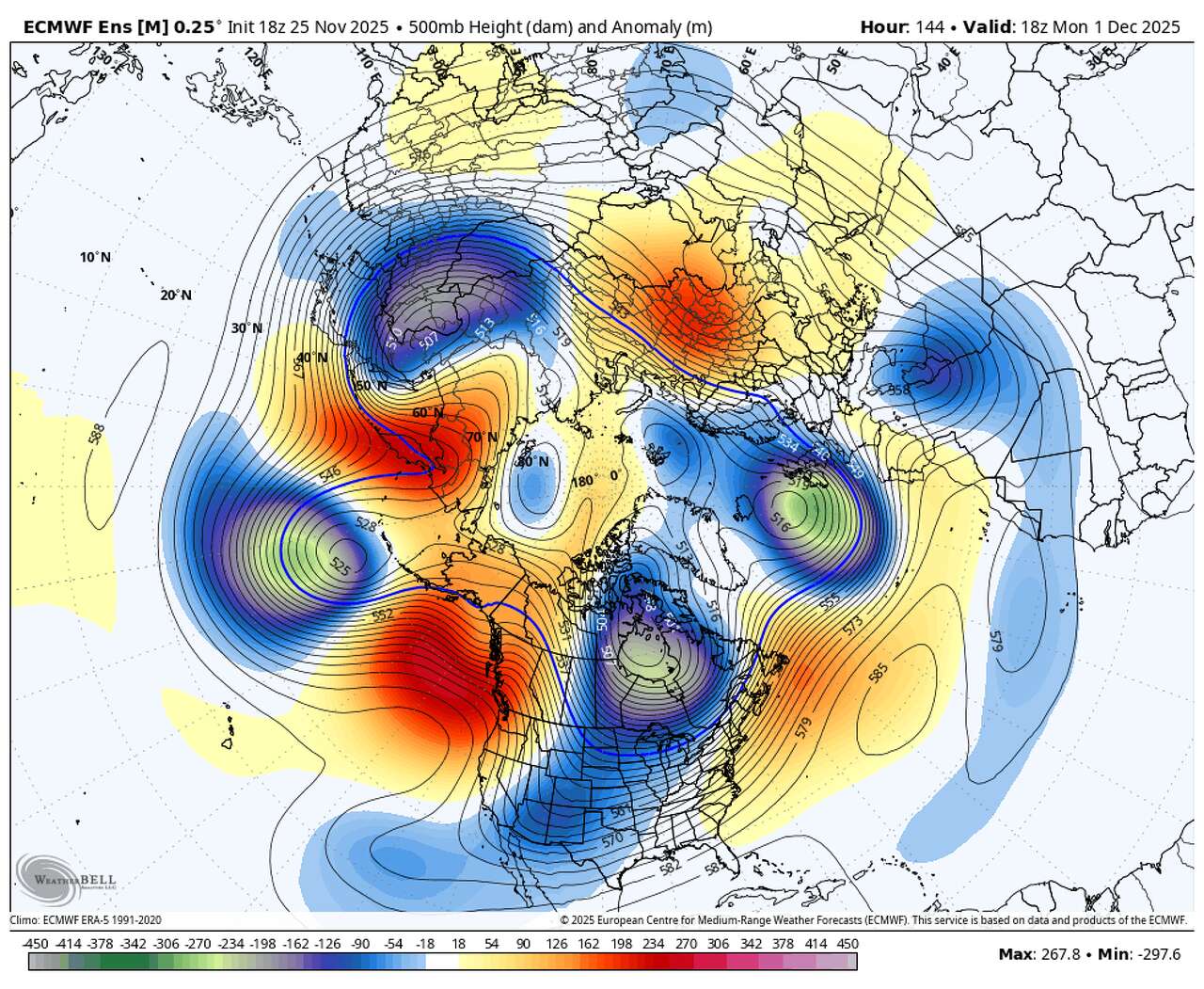 This map shows 500 mb height anomalies — a view of the atmosphere about 18,000 feet up where meteorologists track large-scale weather patterns. Areas of higher or lower-than-normal heights reveal a stretched polar vortex and a wavier jet stream, a setup that can help steer colder air into North America, including Texas, into early December.