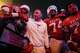Texas Longhorns head coach Steve Sarkisian celebrates with his team after beating Texas A&M Aggies 27-17 during the first half of an NCAA college football game in the Lone Star Showdown in Austin, Texas, Friday, Nov. 28, 2025.
