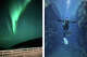 Left: The Northern Lights appeared in the sky over Heydalur guesthouse in Iceland’s Westfjords. Right: The author went scuba diving in the Silfra fissure.
