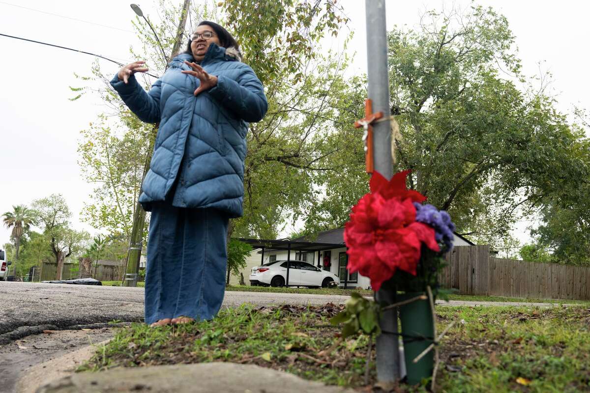 Ebony Brooks describes living on the street where seven-year-old Nico Castillon was struck and killed by a vehicle while riding his bike on Thanksgiving Day in Houston, Thursday, Dec. 4, 2025.
