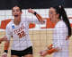 Texas Longhorns setter Rella Binney (3) and Texas Longhorns libero Ramsey Gary (32) celebrate a point as The Longhorns take on Florida A&M during the first round of the NCAA Tournament at Gregory Gymnasium in Austin, Friday, Dec. 5, 2025.