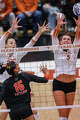 Texas Longhorns outside hitter Whitney Lauenstein (26) and Texas Longhorns middle blocker Ayden Ames (5) block a hit as The Longhorns take on Florida A&M during the first round of the NCAA Tournament at Gregory Gymnasium in Austin, Friday, Dec. 5, 2025.