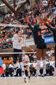 Texas Longhorns middle blocker Taylor Harvey (10) spikes the ball as The Longhorns take on Florida A&M during the first round of the NCAA Tournament at Gregory Gymnasium in Austin, Friday, Dec. 5, 2025.