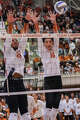 Texas Longhorns outside hitter Cari Spears (23) and Texas Longhorns middle blocker Taylor Harvey (10) block a hit as The Longhorns take on Florida A&M during the first round of the NCAA Tournament at Gregory Gymnasium in Austin, Friday, Dec. 5, 2025.