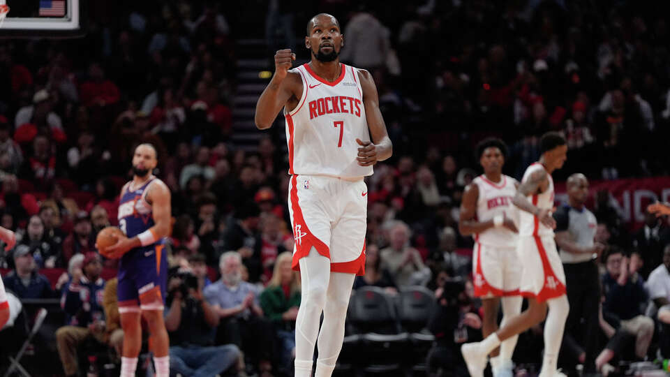 Houston Rockets forward Kevin Durant (7) celebrates during the first half of an NBA basketball game against the Phoenix Suns in Houston, Friday, Dec. 5, 2025. (AP Photo/Ashley Landis)