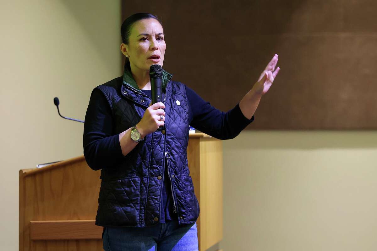 Mayor Gina Ortiz Jones speaks during a community town hall addressing the idea of moving city elections from May to November of odd-numbered years at Central Library in San Antonio, Saturday, Dec. 6, 2025.