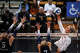Texas Longhorns outside hitter Abby Vander Wal (6) sends the ball over the net as Penn State Nittany Lions middle blocker Jordan Hopp (5) and setter Addie Lyon (7) defend during the first set between Texas and the Nittany Lions in the second round of the DI NCAA Volleyball Tournament, Dec 6, 2025 in the Gregory Gymnasium.
