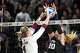 Texas A&M outside hitter Emily Hellmuth (4) is blocked by TCU setter Ella Foti (20) during the NCAA Division I volleyball playoff game at Reed Arena on Saturday, Dec. 6, 2025 in College Station, Texas.