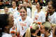 Texas Longhorns setter Ella Swindle (1) celebrates with her teammates after sweeping the Penn State Nittany Lions in the second round of the DI NCAA Volleyball Tournament, Dec 6, 2025 in the Gregory Gymnasium.