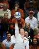 Texas Longhorns setter Ella Swindle (1) serves during the second set of the Longhorns’ 3-0 win over the Penn State Nittany Lions in the second round of the DI NCAA Volleyball Tournament, Dec 6, 2025 in the Gregory Gymnasium.