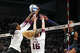 Texas A&M middle blocker Ifenna Cos-Okpalla (1) and setter Maddie Waak (16) miss a block during the NCAA Division I volleyball playoff game against TCU at Reed Arena on Saturday, Dec. 6, 2025 in College Station, Texas.