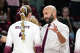 Texas A&M head coach Jamie Morrison talks to outside hitter Emily Hellmuth (4) during the NCAA Division I volleyball playoff game against TCU at Reed Arena on Saturday, Dec. 6, 2025 in College Station, Texas.