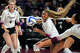 Texas A&M middle blocker Morgan Perkins (21) watches the ball during the NCAA Division I volleyball playoff game against TCU at Reed Arena on Saturday, Dec. 6, 2025 in College Station, Texas.