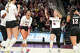 Texas A&M opposite hitter Logan Lednicky (9) and outside hitter Taylor Humphrey (11) celebrate a score during the NCAA Division I volleyball playoff game against TCU at Reed Arena on Saturday, Dec. 6, 2025 in College Station, Texas.