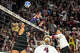 Texas A&M opposite hitter Logan Lednicky (9) spikes the ball during the NCAA Division I volleyball playoff game against TCU at Reed Arena on Saturday, Dec. 6, 2025 in College Station, Texas.