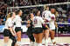 Texas A&M players celebrate a score during the NCAA Division I volleyball playoff game against TCU at Reed Arena on Saturday, Dec. 6, 2025 in College Station, Texas.