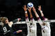 Texas A&M middle blocker Ifenna Cos-Okpalla (1) and outside hitter Emily Hellmuth (4) miss a block during the NCAA Division I volleyball playoff game against TCU at Reed Arena on Saturday, Dec. 6, 2025 in College Station, Texas.