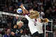 Texas A&M setter Maddie Waak (16) and middle blocker Morgan Perkins (21) block a spike by TCU outside hitter Becca Kelley (11) during the NCAA Division I volleyball playoff game at Reed Arena on Saturday, Dec. 6, 2025 in College Station, Texas.