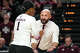 Texas A&M head coach Jamie Morrison celebrates during a timeout in the NCAA Division I volleyball playoff game against TCU at Reed Arena on Saturday, Dec. 6, 2025 in College Station, Texas.