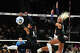 TCU middle blocker Alexis Roberson (1) and outside hitter Becca Kelley (11) miss a block during the NCAA Division I volleyball playoff game against Texas A&M at Reed Arena on Saturday, Dec. 6, 2025 in College Station, Texas.