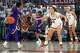 Texas Longhorns guard Grace Prenter (8) guards Prairie View A&M guard Margan Allen (3) during the game at the Moody Center on Sunday, Dec. 7, 2025 in Austin.