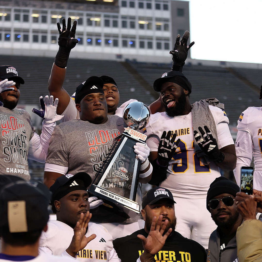 Prairie View A&M Panthers players celebrate after defeating the Jackson State Tigers after the 2025 SWAC Championship at Mississippi Veterans Memorial Stadium on December 6, 2025 in Jackson, Mississippi.