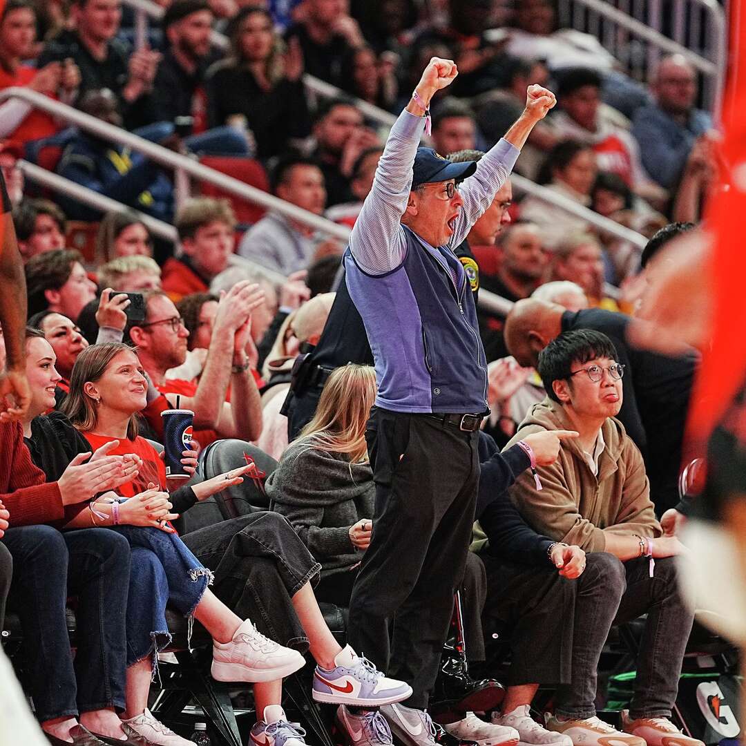 Houston Rockets fan Marc Israel reacts as the team take on the Sacramento Kings at the Toyota Center in Houston on Wednesday, Dec. 3, 2025.