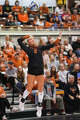 Texas Longhorns libero Emma Halter (2) serves as Texas volleyball plays Indiana in a Sweet 16 NCAA Tournament match in Gregory Gymnasium in Austin, Friday, Dec. 12, 2025. The Longhorns will advance to Elite Eight with a 3-0 win.