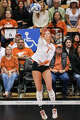 Texas Longhorns setter Ella Swindle (1) serves as Texas volleyball plays Indiana in a Sweet 16 NCAA Tournament match in Gregory Gymnasium in Austin, Friday, Dec. 12, 2025. The Longhorns will advance to Elite Eight with a 3-0 win.