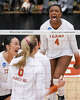 Texas Longhorns outside hitter Torrey Stafford (4) celebrates a point as Texas volleyball plays Indiana in a Sweet 16 NCAA Tournament match in Gregory Gymnasium in Austin, Friday, Dec. 12, 2025. The Longhorns will advance to Elite Eight with a 3-0 win.
