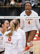 Texas Longhorns outside hitter Torrey Stafford (4) celebrates a point as Texas volleyball plays Indiana in a Sweet 16 NCAA Tournament match in Gregory Gymnasium in Austin, Friday, Dec. 12, 2025. The Longhorns will advance to Elite Eight with a 3-0 win.