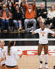 Texas Longhorns outside hitter Torrey Stafford (4) celebrates a point as Texas volleyball plays Indiana in a Sweet 16 NCAA Tournament match in Gregory Gymnasium in Austin, Friday, Dec. 12, 2025. The Longhorns will advance to Elite Eight with a 3-0 win.