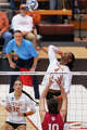 Texas Longhorns outside hitter Torrey Stafford (4) jumps to spike the ball as Texas volleyball plays Indiana in a Sweet 16 NCAA Tournament match in Gregory Gymnasium in Austin, Friday, Dec. 12, 2025. The Longhorns will advance to Elite Eight with a 3-0 win.