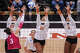 Texas Longhorns outside hitter Cari Spears (23), Texas Longhorns middle blocker Nya Bunton (55) and Texas Longhorns outside hitter Torrey Stafford (4) triple block a hit from Indiana Hoosiers outside hitter Candela Alonso-Corcelles (3) as Texas volleyball plays Indiana in a Sweet 16 NCAA Tournament match in Gregory Gymnasium in Austin, Friday, Dec. 12, 2025. The Longhorns will advance to Elite Eight with a 3-0 win.